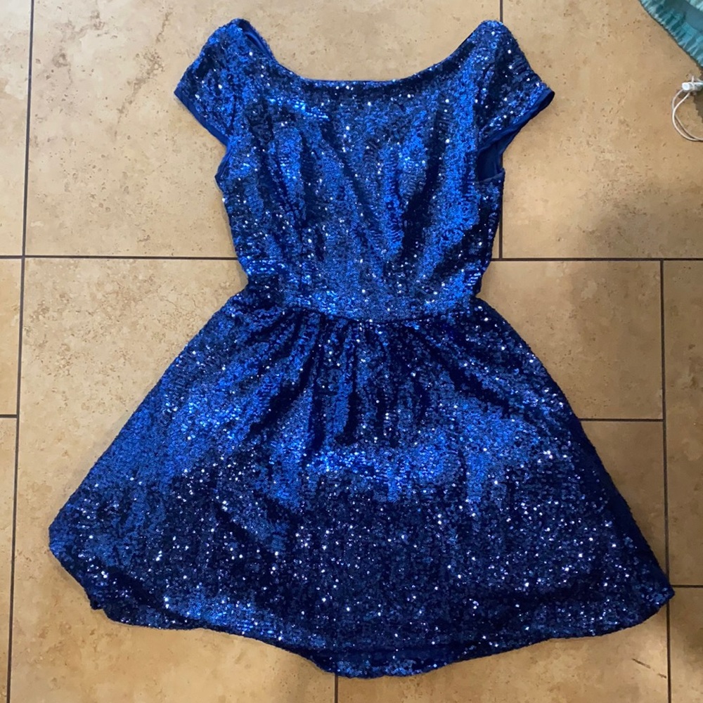 Blue sequin skater cocktail dress
